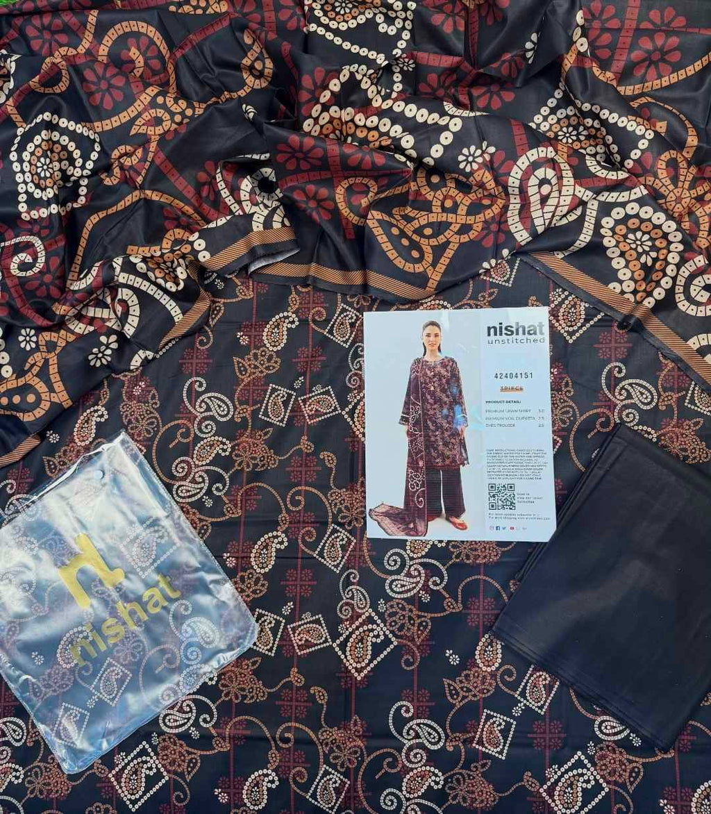 Lawn 3p Suit Fine Quality Allover Shirt Dyed Trouser with digital voil lawn dupatta 9515