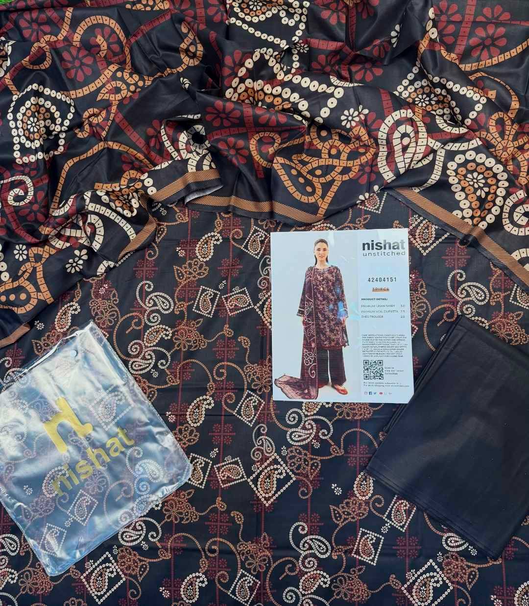 Lawn 3p Suit Fine Quality Allover Shirt Dyed Trouser with digital voil lawn dupatta 9515