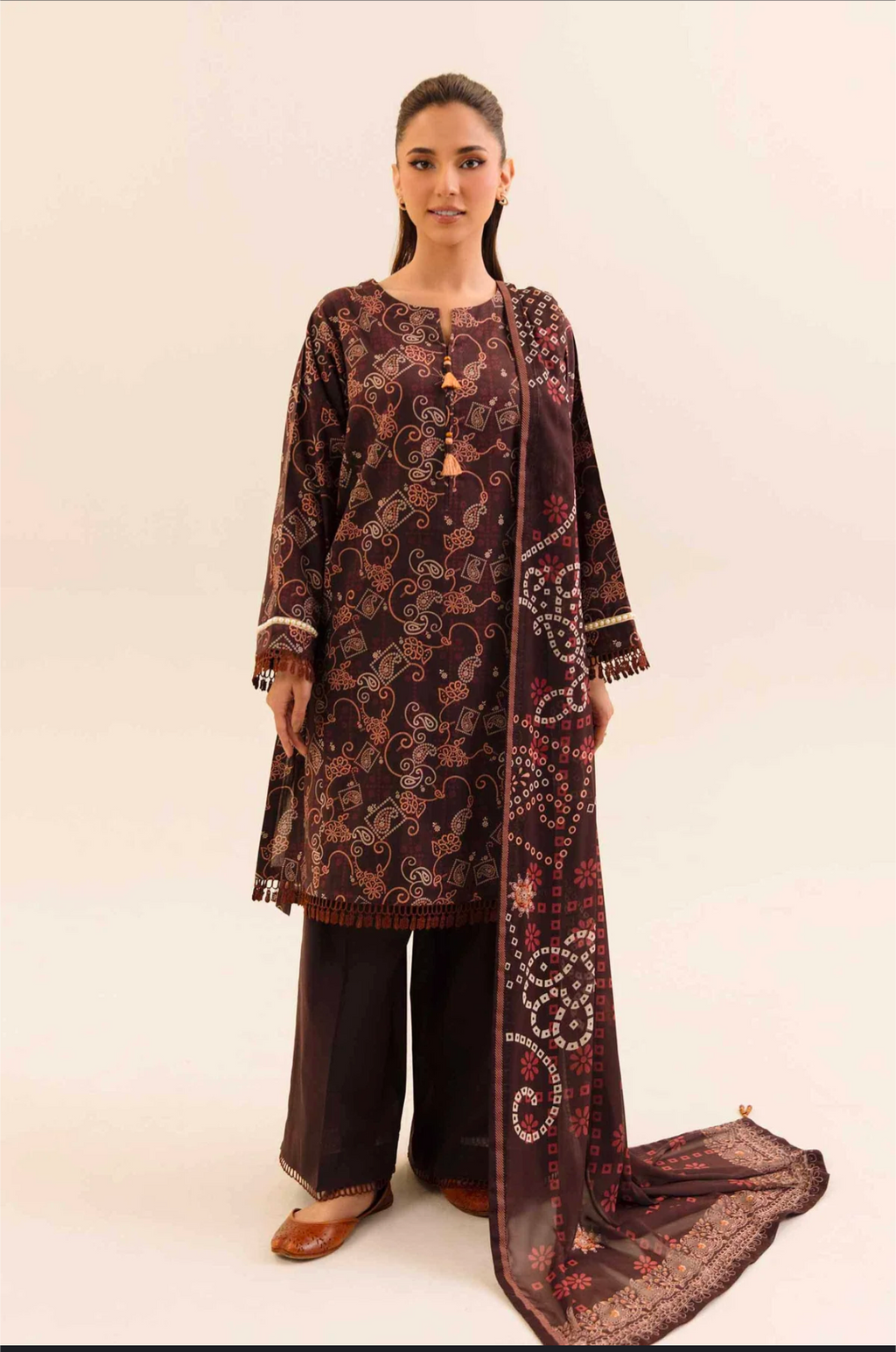Lawn 3p Suit Fine Quality Allover Shirt Dyed Trouser with digital voil lawn dupatta 9515