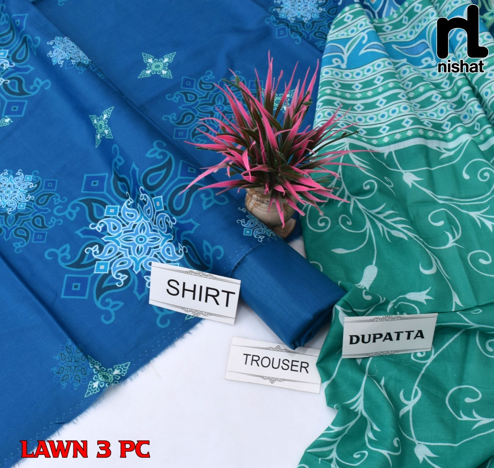 Lawn 3p Suit Fine Quality Allover Shirt Dyed Trouser with digital voil lawn dupatta 9503