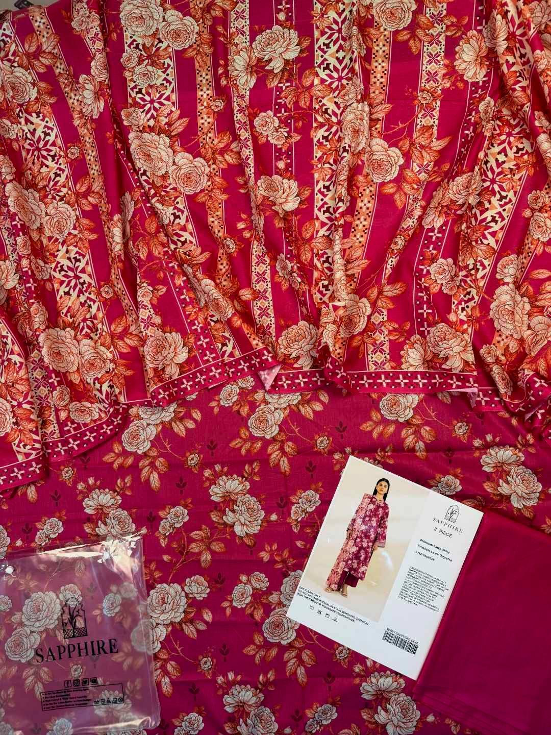 Lawn 3p Suit Fine Quality Allover Shirt Dyed Trouser with digital voil lawn dupatta 9513