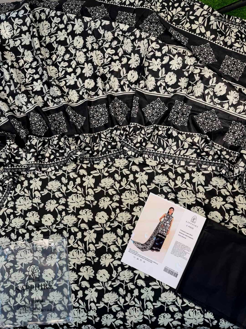 Lawn 3p Suit Fine Quality Allover Shirt Dyed Trouser with digital voil lawn dupatta 9514