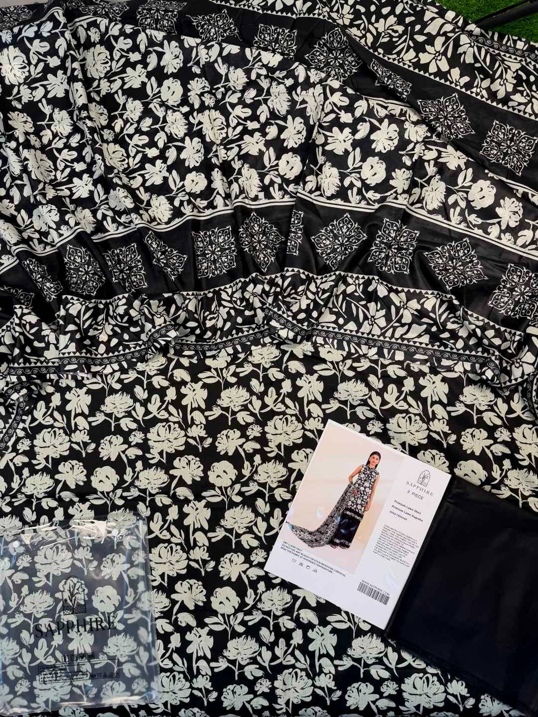 Lawn 3p Suit Fine Quality Allover Shirt Dyed Trouser with digital voil lawn dupatta 9514