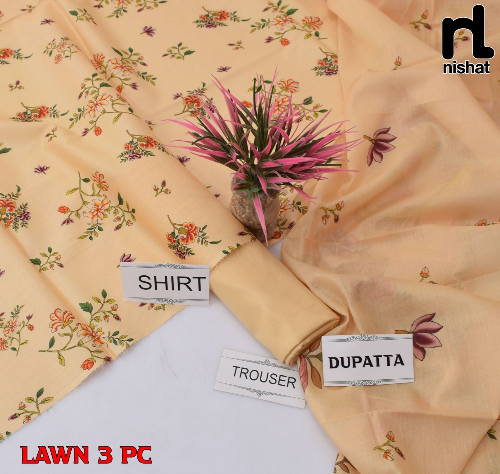Lawn 3p Suit Fine Quality Allover Shirt Dyed Trouser with digital voil lawn dupatta 9504