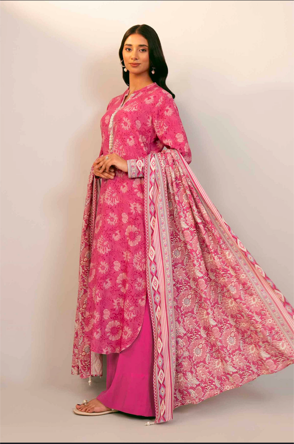Lawn 3p Suit Fine Quality Allover Shirt Dyed Trouser with digital voil lawn dupatta 9506